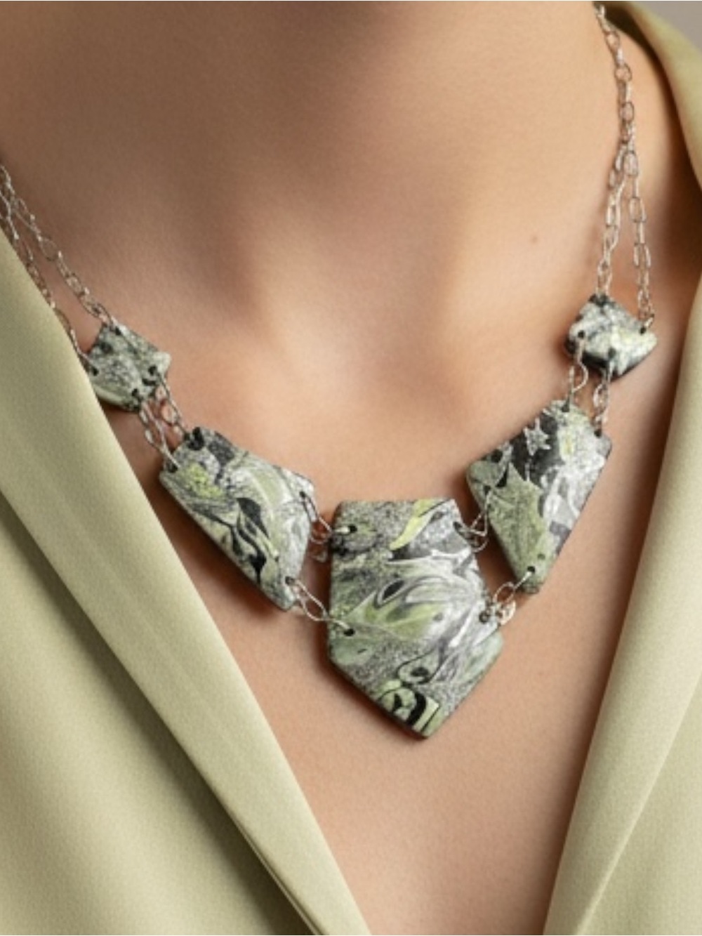 Green Black Silver Choker Style Handmade Polymer Clay Large Necklace SS Chain